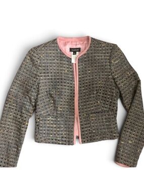bebe Gray Tweed Cropped Jacket with Pink Trim